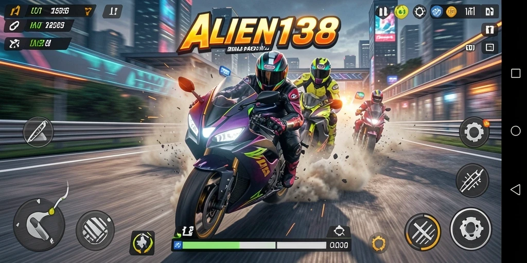 Screenshot gameplay ALIEN138 yang menampilkan aksi balap motor.