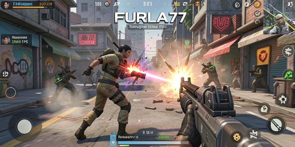 Screenshot gameplay seru dari FURLA77 yang menunjukkan aksi TPS.