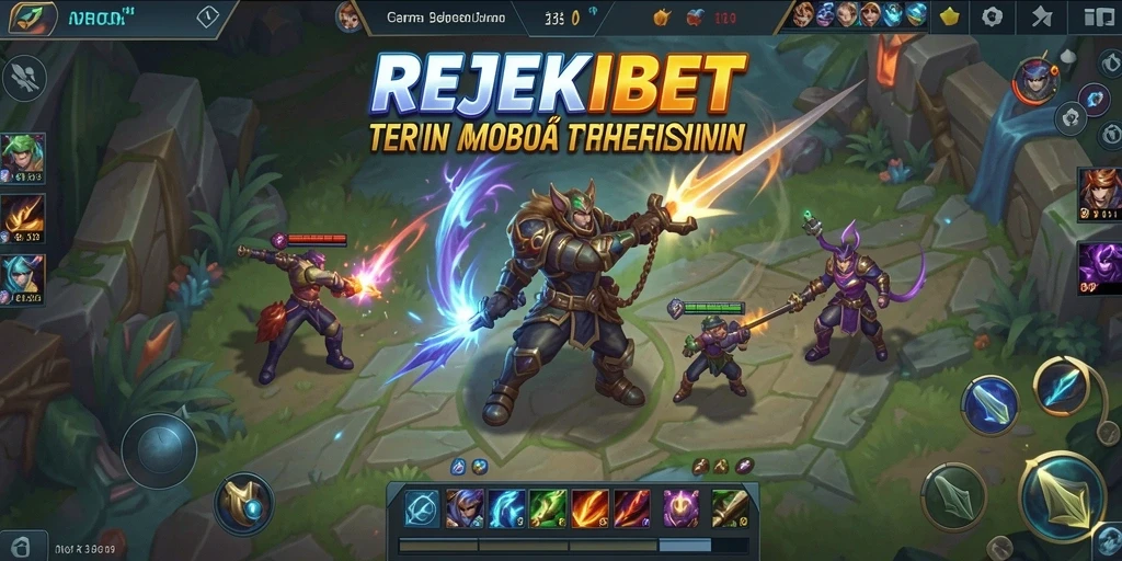Tampilan gameplay MOBA yang intens dan menarik di REJEKIBET.
